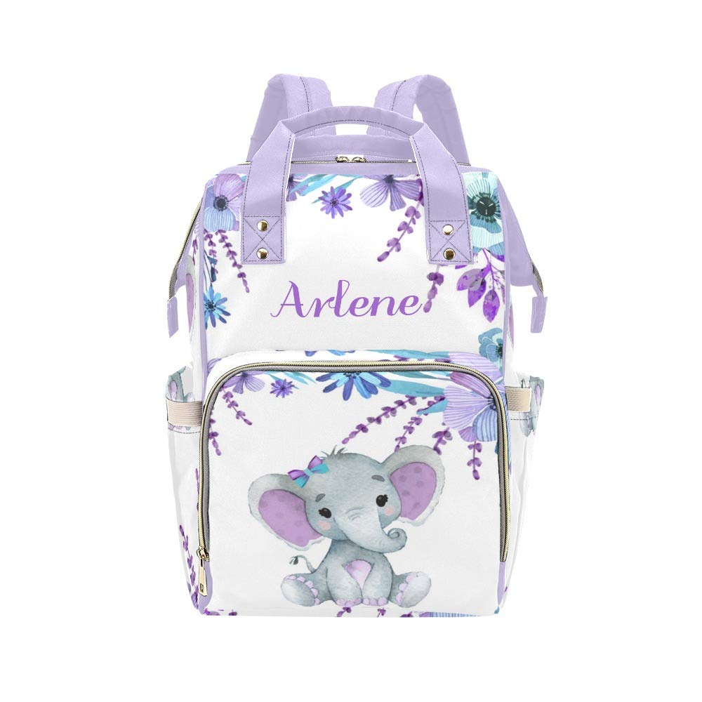 Elephant Purple Personalized Diaper Bag Backpack Tote with Name,Custom Travel Nappy Mommy Bag Backpack