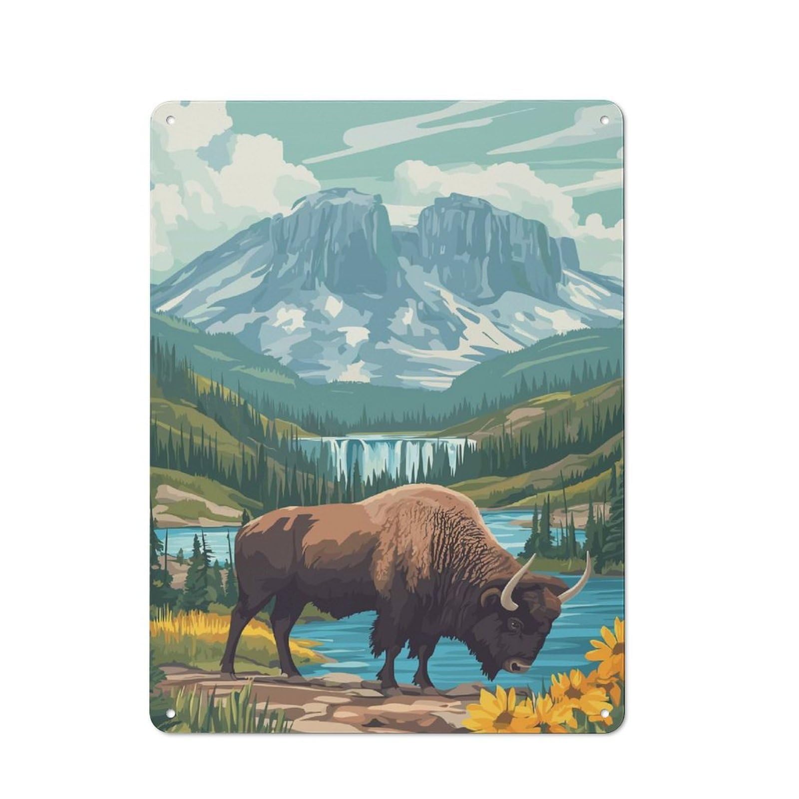 Junmoney Style-19 Bison By Waterfall Decorative Metal Wall Decor 40X30cm, Decorative Tin Plaque For Bedroom, Kitchen, Office Or Living Room