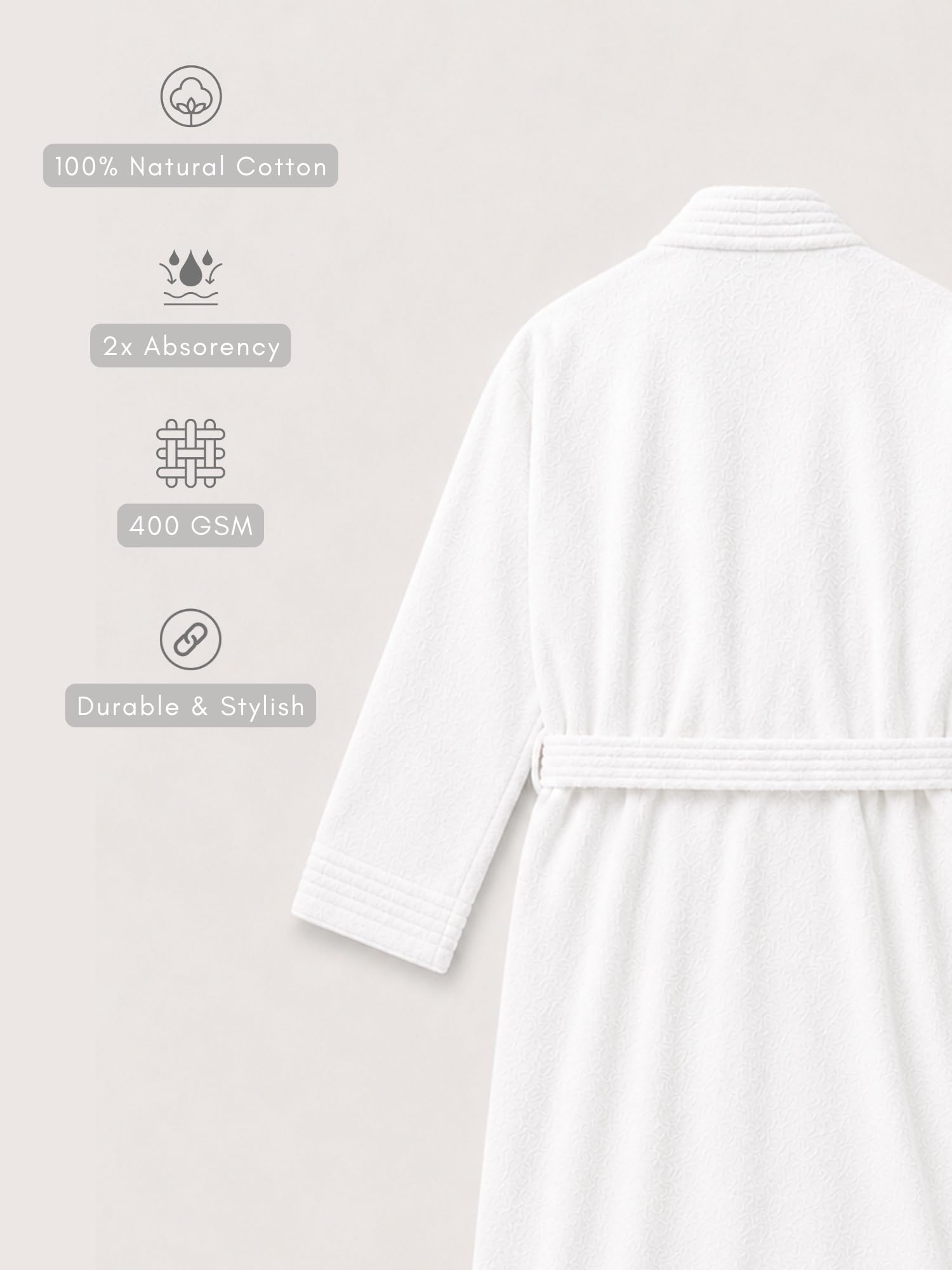 RANGOLI Premium Knee-Length 100% Cotton Men Bathrobe in Full Sleeves & 2 Pockets with 400 GSM Fabric for Ultra Soft & 2X Absorbency (White-XL) | Noble Collection 4