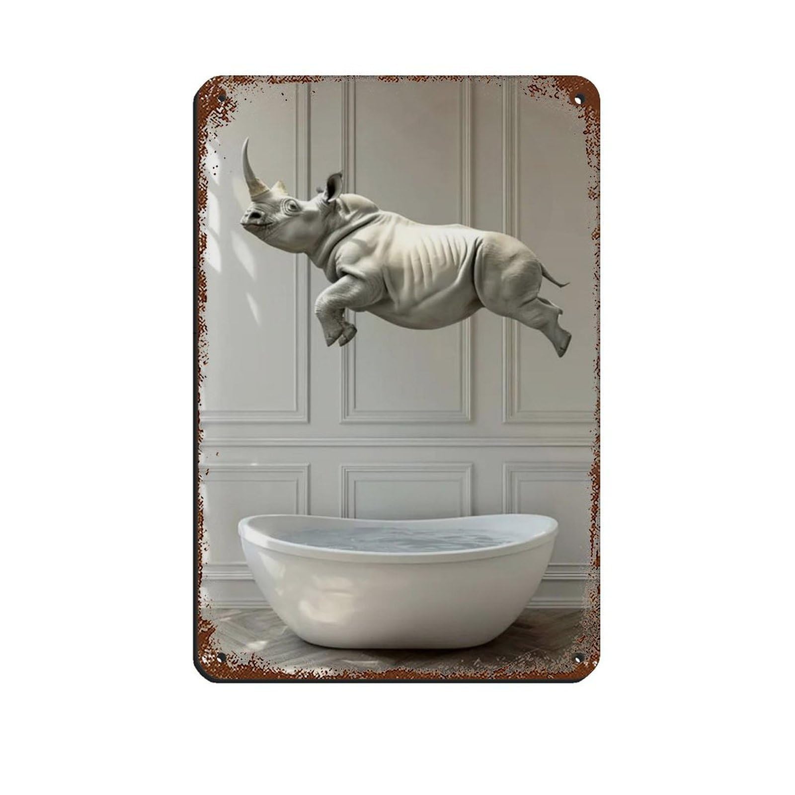 Rhino Jumping Into Bathtub, Funny Bathroom Art Tin Sign Vintage Metal Pub Club Cafe Bar Home Wall Art Decoration Poster Retro 8x12inch(20x30cm)