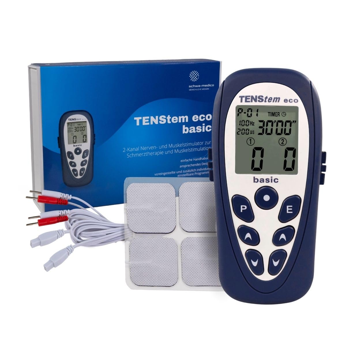 Tens Eco Basic, Electroestimulador Portátil, 2 Canales, 12 Programas + 4 Personalizables, Alivio del Dolor, Estimulación Muscular e Iontoforesis No Invasiva, Pantalla LCD