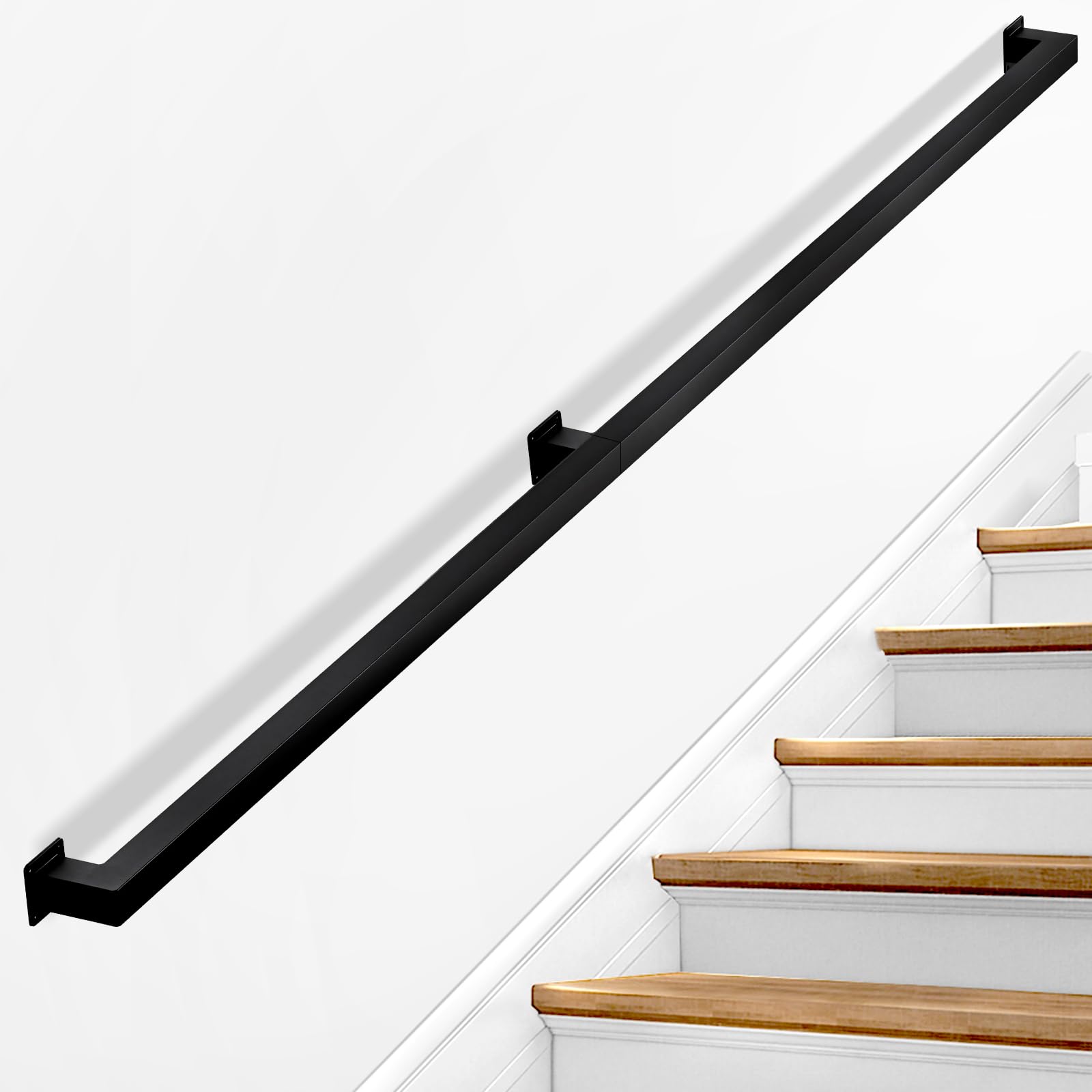 Stair Railing Indoor - Handrails for Stairs, 7.8ft Black Metal Staircase Hand Rails/Modern Wrought Iron Handrail, Industrial Wall Mounted Handrails Outdoor for Loft Porch Deck