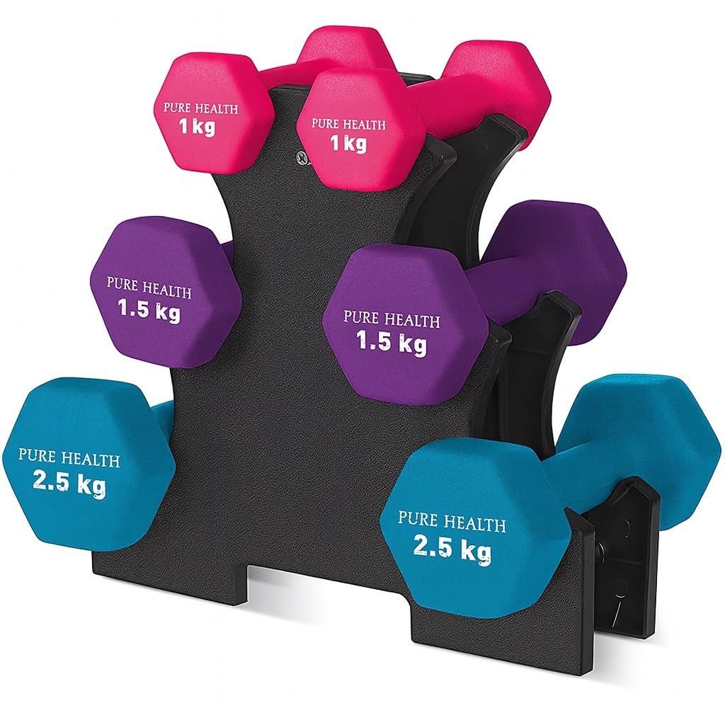 Neoprene Dumbbell Hand Weights Pair Home Exercise for Women Men Arm Pilates Dumbbells in 1kg 1.5kg 2kg 3kg 4kg 5kg 8kg 10kg Set, (1kg Pair, 1.5kg Pair, 2.5kg Pair) Pink, Purple, Blue
