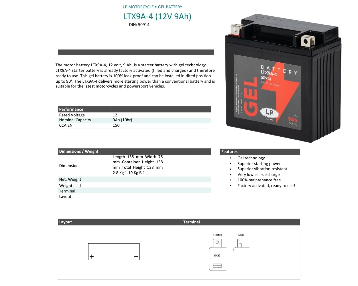 Batterie gel pour scooter et moto GB9B (YB9-B Gel) DIN50914 | LTX9A-4, YB9-B, 150 A CCA; compatible avec Aprilia RS 125 Extrema, compatible avec Ducati Monster, compatible avec Honda CB