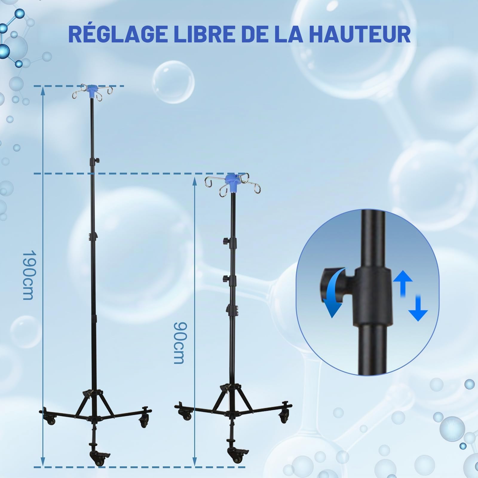 Support de Perfusion,Support de Perche Intraveineuse Pliable,avec 4 Crochets,3 Roulettes,Sac en Filet,Perfusion Réglable Hauteur,pour Hôpital et Maison, Acier Inoxydable