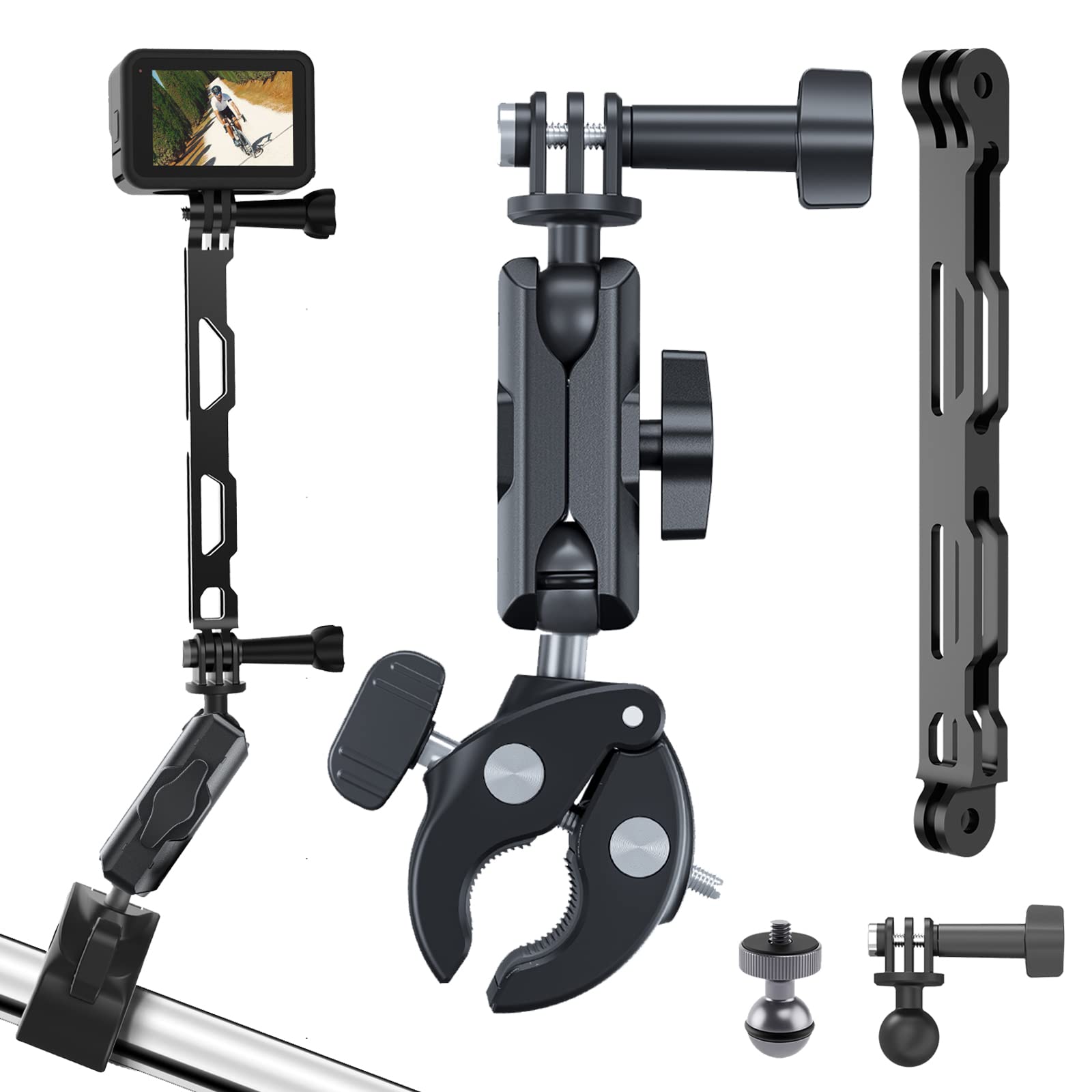 TELESIN Bike Motorcycle Handlebar Clamp Mount + Extension Rod + Phone Holder Accessories Bundle Kit, 360 Holder Clip Attachment Mounting for GoPro Max Hero13 12 Insta 360 Ace Pro2 DJI Action Accessory