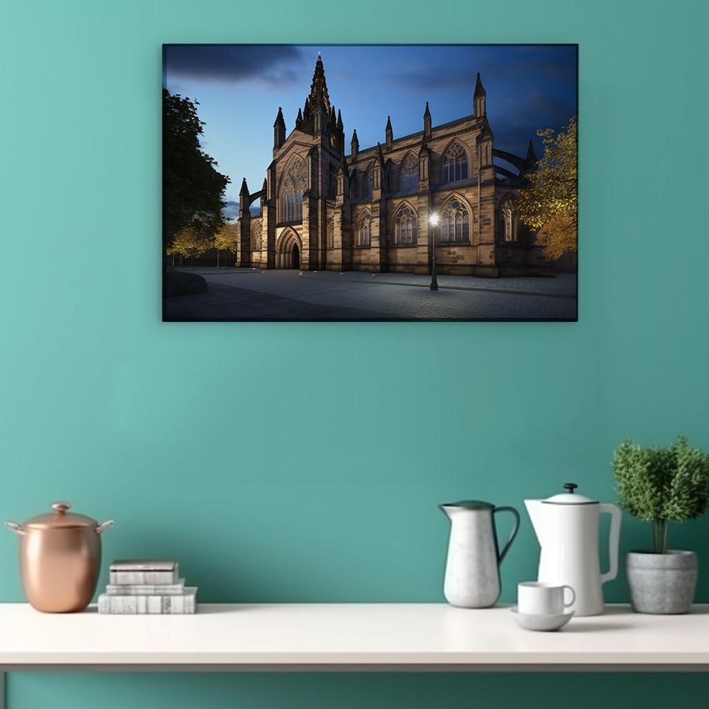 Canvas for Living room. Gothic Grandeur Illuminated: A Serene Night at the Historic Stone Cathedral, 27 x 18 inch Canvas Wall Art - Contemporary Masterpieces - Nature Home Decor