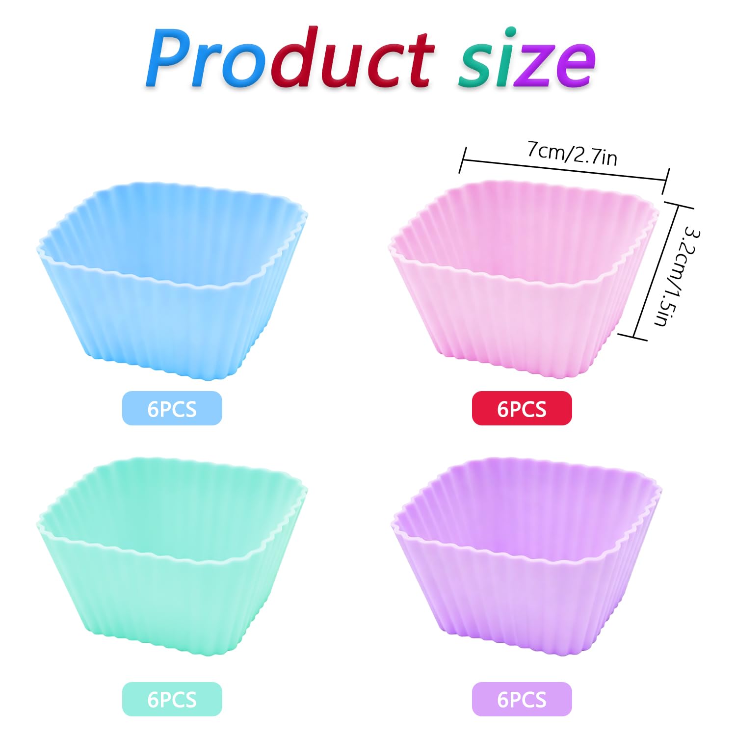 YXHZVON 24 moldes de silicona reutilizables para magdalenas, moldes reutilizables para cupcakes, sin BPA, diámetro de 7,0 cm, altura 3,2 cm (cuadrado)