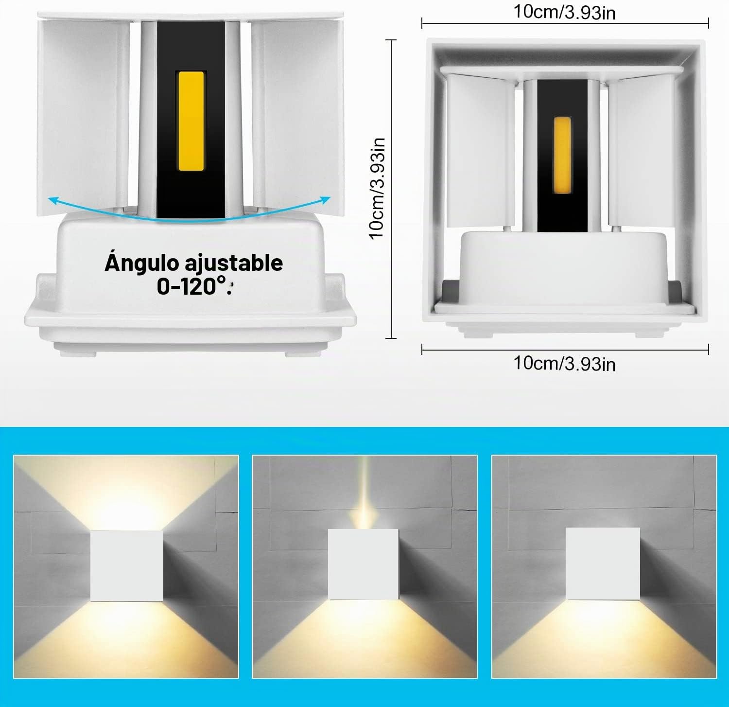 LEDMO 4 Pcs 12W Aplique pared LED Blanco Cálido 3000K 1000lm Lampara de pared Interior/Exterior Impermeable IP65 Ángulo ajustable Lámpara Pared Bla