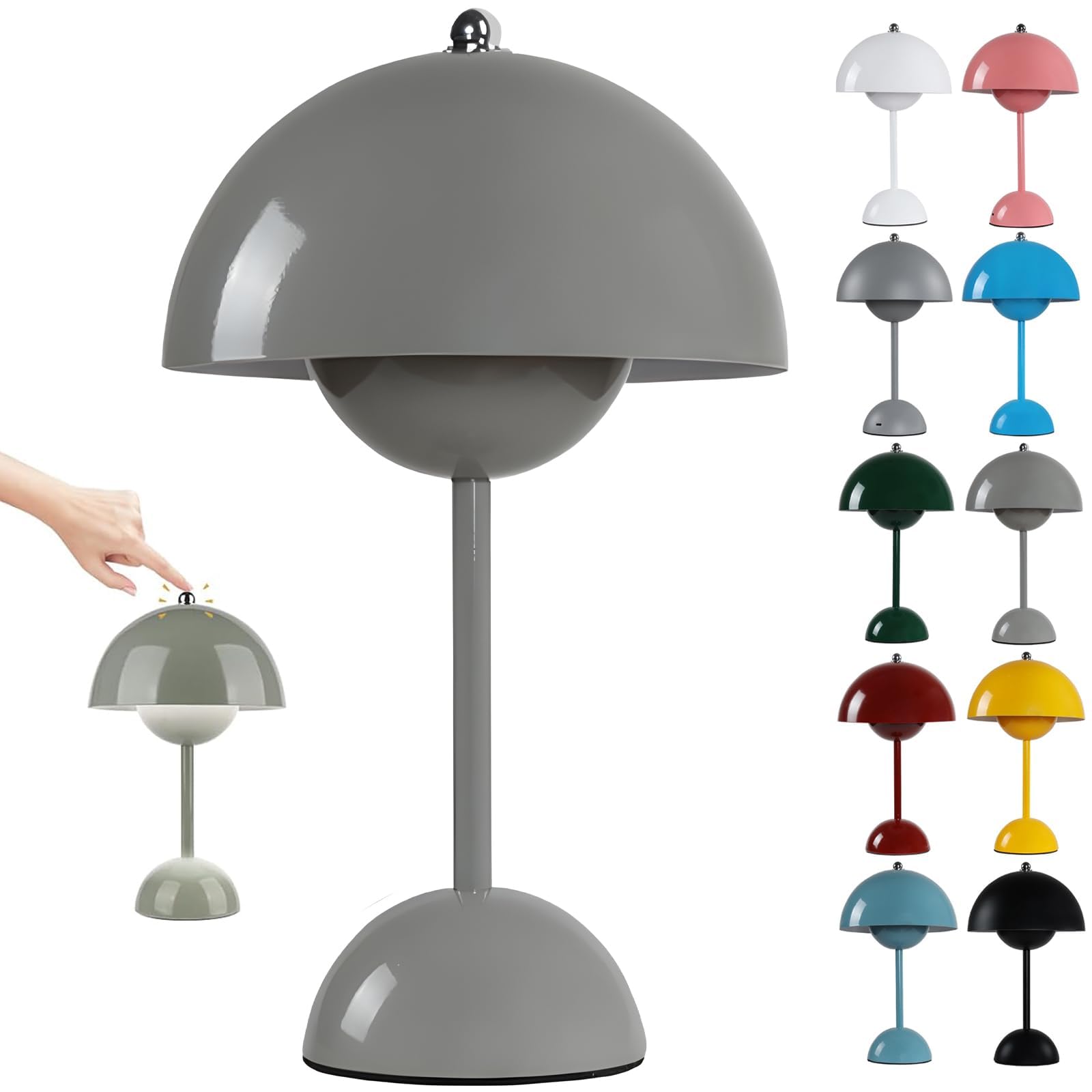 Hskjtt Grey Rechargeable Led Mushroom Lamp, Wireless Flowerpot Table Lamp Touch Dimmable Table Lamp With 3 Brightness Modes Bedside Lamp Mushroom Lamps Desk Lamp,Gray