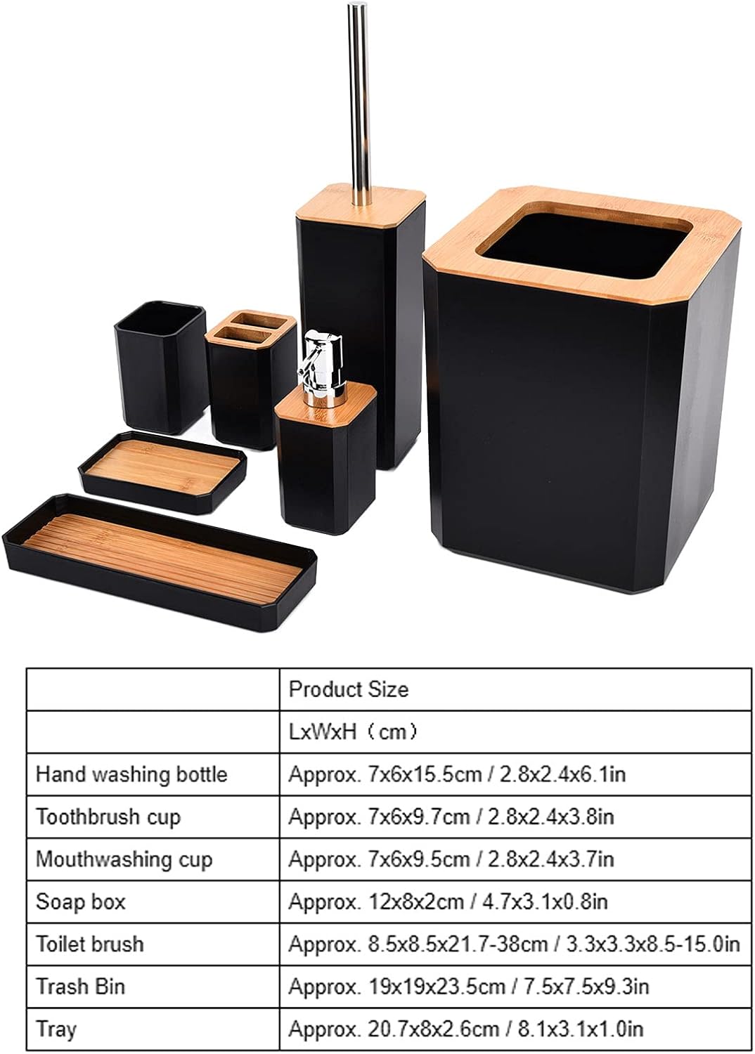 7Pcs Black Bamboo Bathroom Accessories Set Toilet Toothbrush Holder Set Bamboo Soap Box Toothbrush Trash Bin Kit Bamboo Bathroom Accessory Set for Home Hotel(Black)
