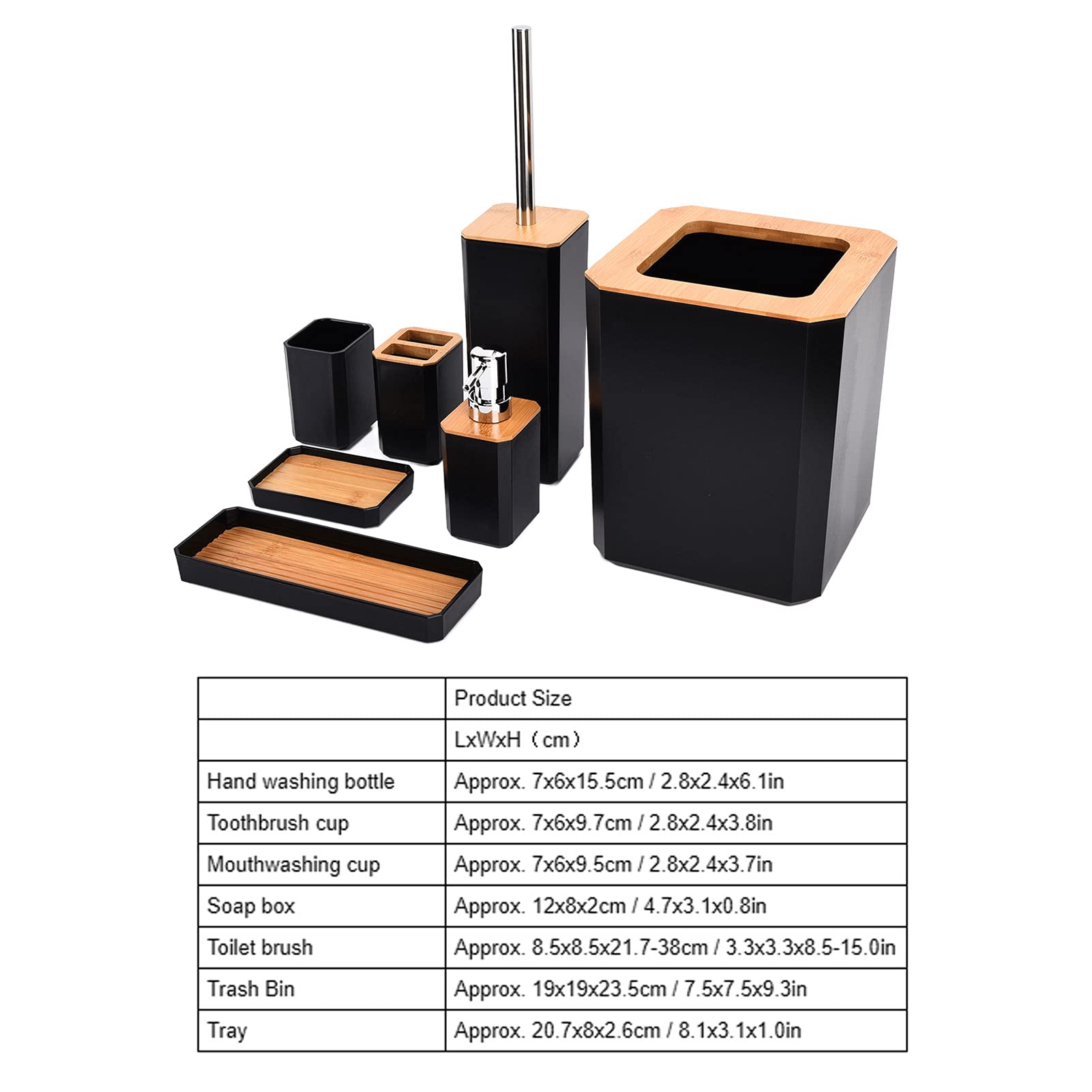 Ejoyous Juego de Accesorios de Baño de bambú, Juego de Inodoro de 7 Piezas con Jabonera ABS, Soporte para Cepillo de Dientes, Bote de Basura y Escobilla de Inodoro para el Baño de Invitados del