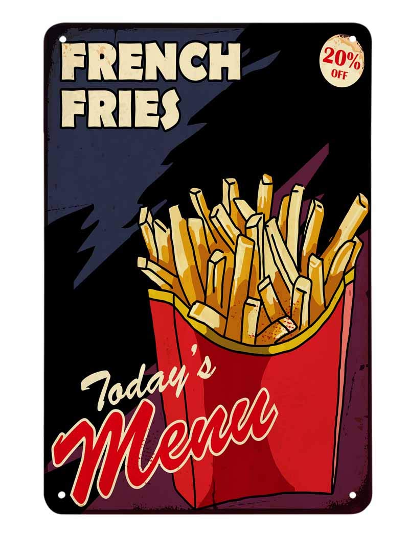 SMAZDFXX French Fries Tin Sign,Box Fast Food Fresh Restaurant Doodle Lunch Potato Crisp Vintage Metal Tin Signs for Cafes Bars Pubs Shop Wall Decorative Funny Retro Signs for Men Women 8"x12"