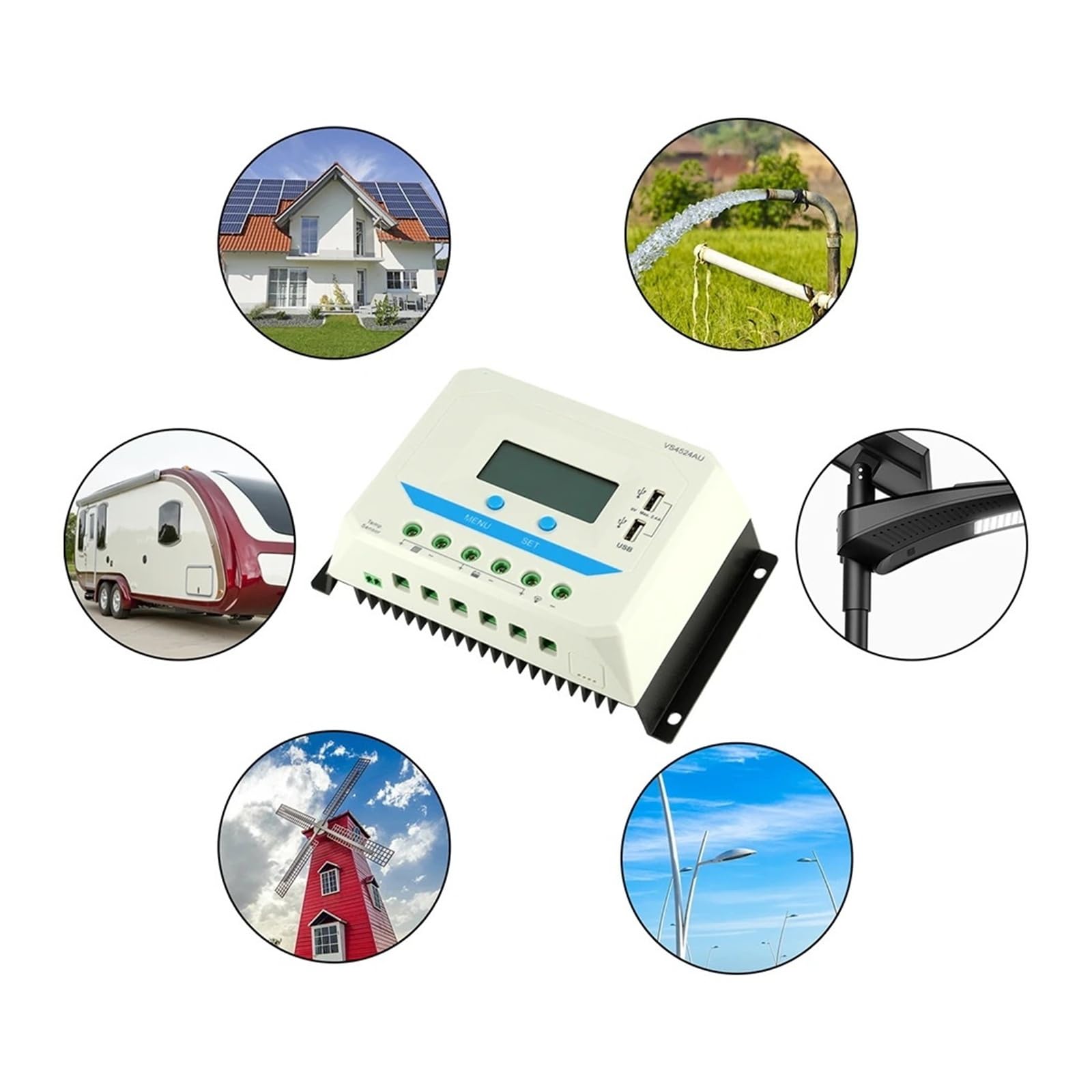 Regulator ładowania słonecznego PWM 60 A, 45 A, 30 A, 20 A, 10 A, 12 V, 24 V, 36 V, 48 V, z automatycznym panelem słonecznym i podświetlanym wyświetlaczem LCD. (60A (VS6048AU))