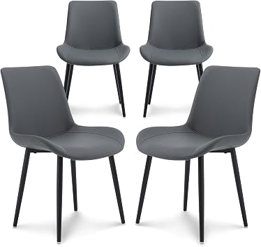 seonyou Dining Chairs Set of 4 Dark Gray, Upholstered Faux Leather Mid Century Modern Kitchen Chair for Dining Room, Comfortable Dining Room Chairs with Metal Frame