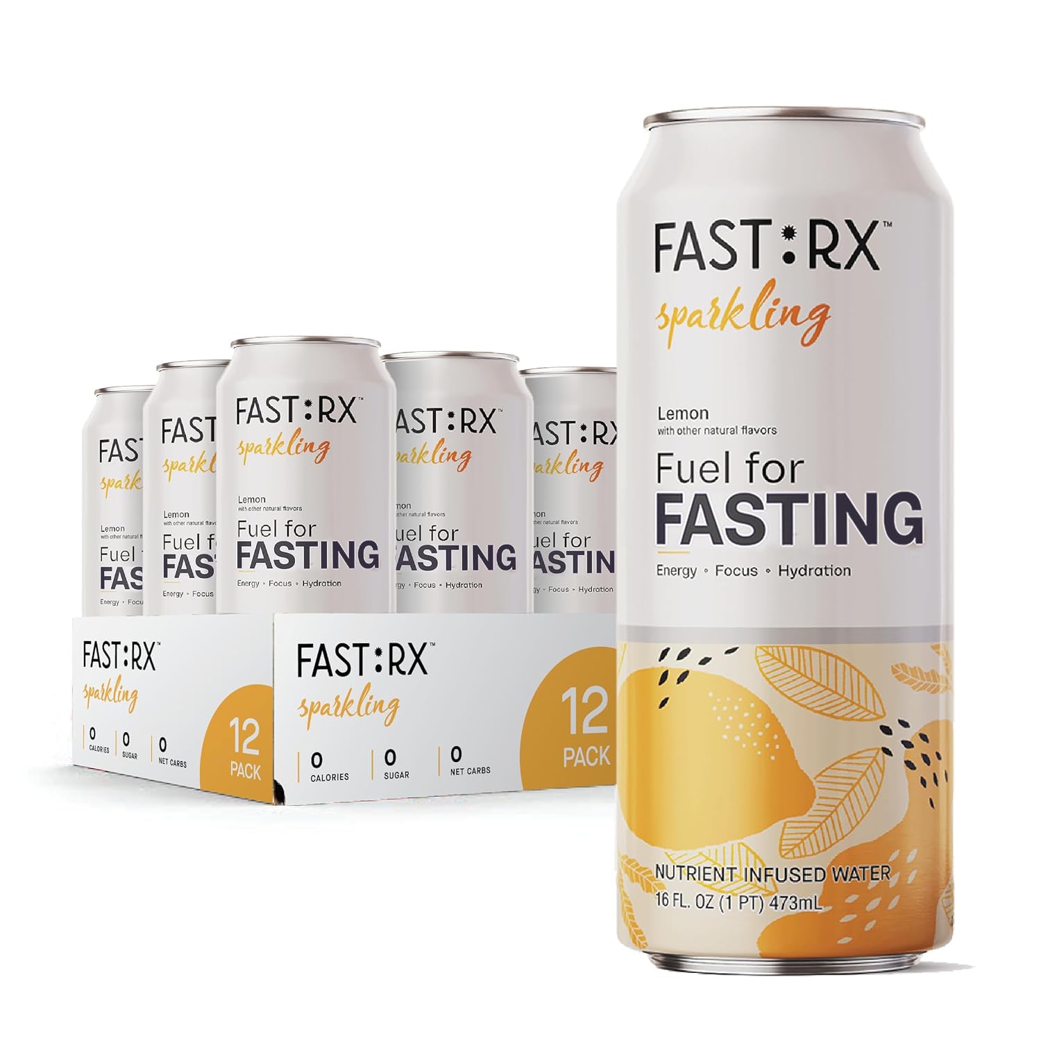 FASTRX Meyer Lemon Sparkling Fasting Electrolytes Drink – Sugar Free Electrolytes for GLP-1 Hydration Support, Hunger Suppressant with Vitamins & Minerals – Zero Calories & Carbs – 16Oz, 12-Pack