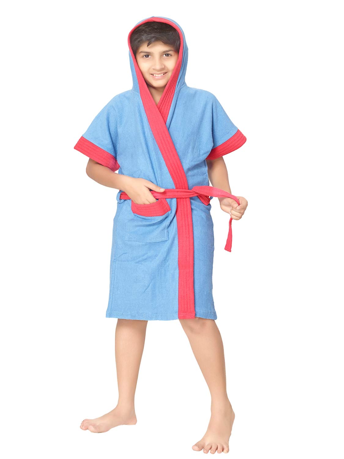 SAND DUNE Boy's Hood Bathrobe | Terry Cotton Shower Gown | Half Sleeve Knee Length Boy's Bath Robes | Pocket with Waist Boy's Bathrobes | Blue Bathrobe | 8-9 Year Boy's