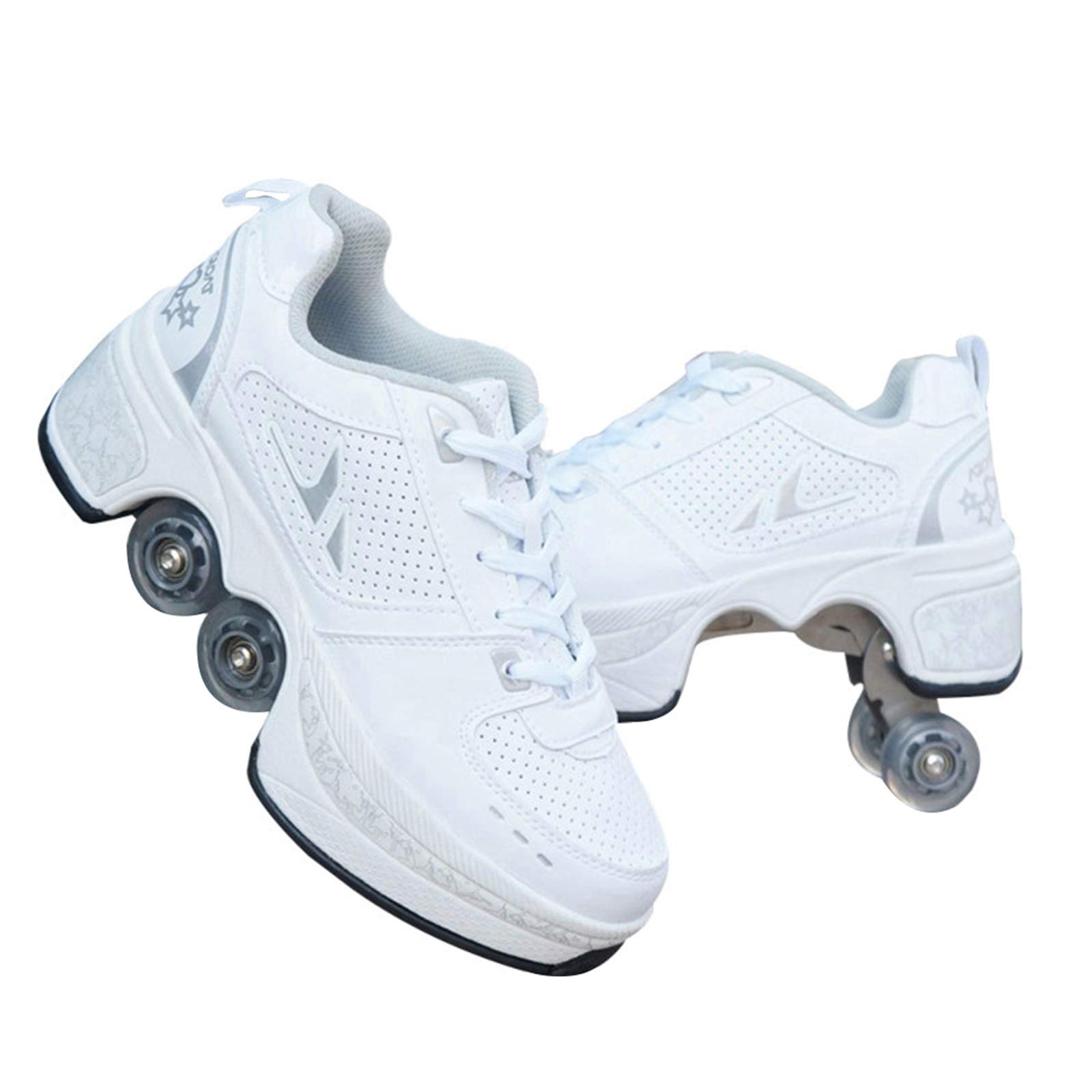 Rollschuh Roller Skates Lauflernschuhe, Sneakers, 2in1 Mehrzweckschuhe Schuhe Mit Rollen Skateboardschuhe,Inline-Skate,Verstellbare Quad-Rollschuh Stiefel,Silver-41