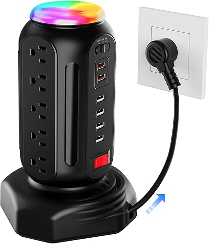 Miniatura 9 de Protector de sobretensiones de múltiples tomas, torre de regleta de alimentación de carga rápida PD de 30 W con luz nocturna RGB, 15 salidas de CA,