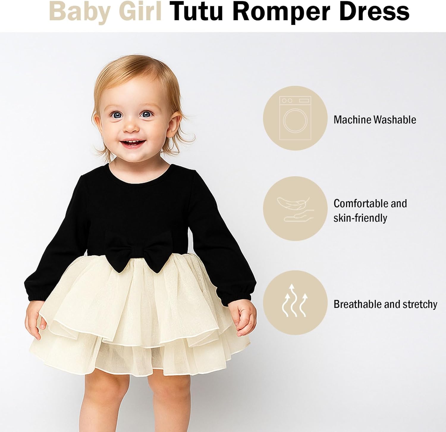 Baby Girl My Little Black Dress Romper Cotton Ruffle Long Sleeve Tutu Dress Birthday Party Fall Winter Clothes 0-24M - Image 3