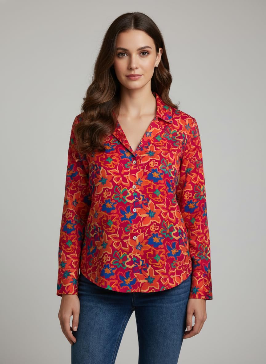 ANNI Designer Bedrucktes Damenhemd aus Baumwollmischgewebe, langärmelig, normale Passform, Hemdkragen, legere Bürokleidung, elegante Western-Kleidung für den Alltag, Hochzeit, Party