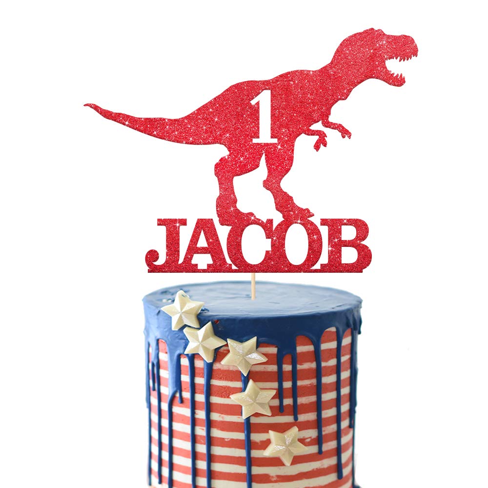 EDSG Personalised Dinosaur Cake Topper for Boy with Any Name Any Age | Multicolour Glitter Dragon Topper for 1st, 3rd, 5th, 7th, 9th, 13th Birthdays (Red)