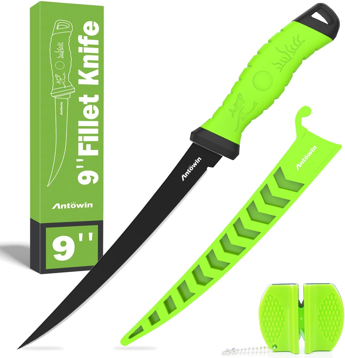 ANTOWIN 9 Inch Fishing Fillet Knife, Professional Level Knives for Filleting Fish and Boning Meat, Sharp Stainless-Steel Non-Stick Coating Blade, with Stage Knife Sharpener