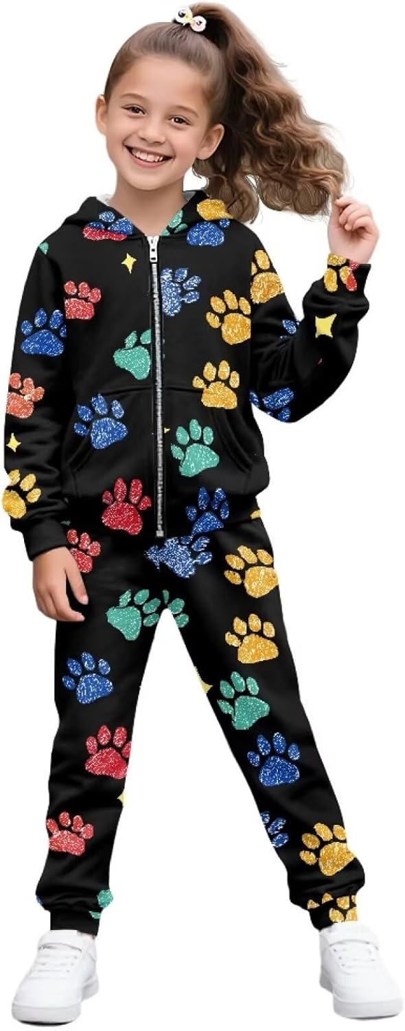 3D Print Children Girls Zip Up Jogger Sets Fall Winter Hooded Tracksuit Hoodie Athletic Running Outfit 6-15Y