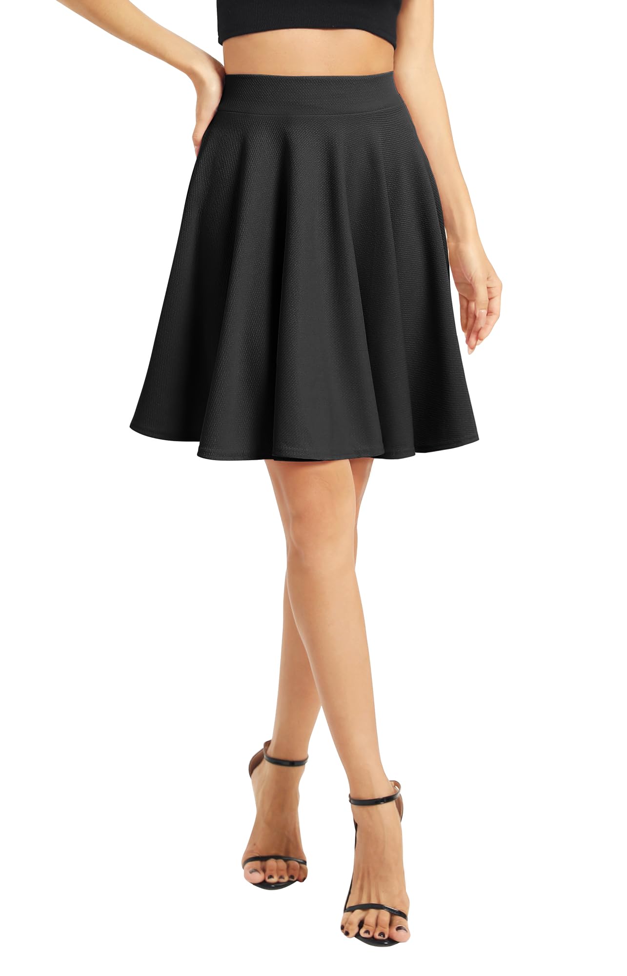 EXCHIC Femmes Élégant Taille Élastique Trompette A-Ligne Midi Jupe Base Uniforme Plissée roulettes Jupe