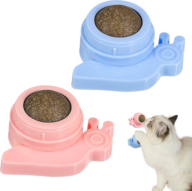 XINRUI 2 Pcs Catnip Balls Toy for Cat, Wall Catnip Roller for Cat Licking, Teeth Cleaning Dental Edible Kitten Toy, Snail Pattern Natural Rotating Cat Toy, Blue and Pink