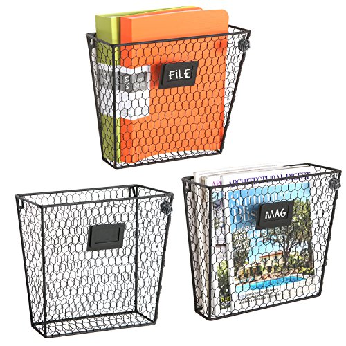 MyGift Wall Mounted Magazine Holder, Rustic Black Metal Wire Mail Holder and Document File Storage Organizer with Erasable Chalkboard Labels, Set of 3