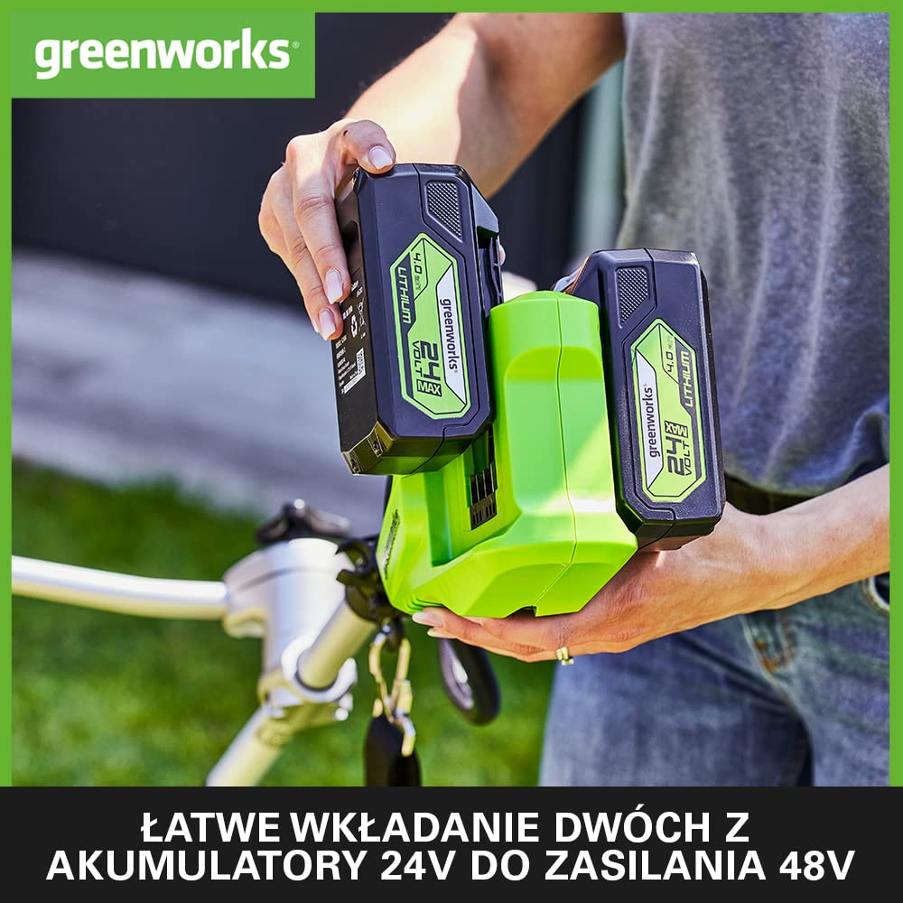 Greenworks GD24X2BCBK4x Akumulatorowa Kosa z Silnikiem Bezszczotkowym, Szelki, Uchwyt Rowerowy, 38 cm Szerokość Cięcia, 2 mm Żyłka Nylonowa, 25 cm Ostrze, 2x Bateria 24V 4Ah i Ładowarka