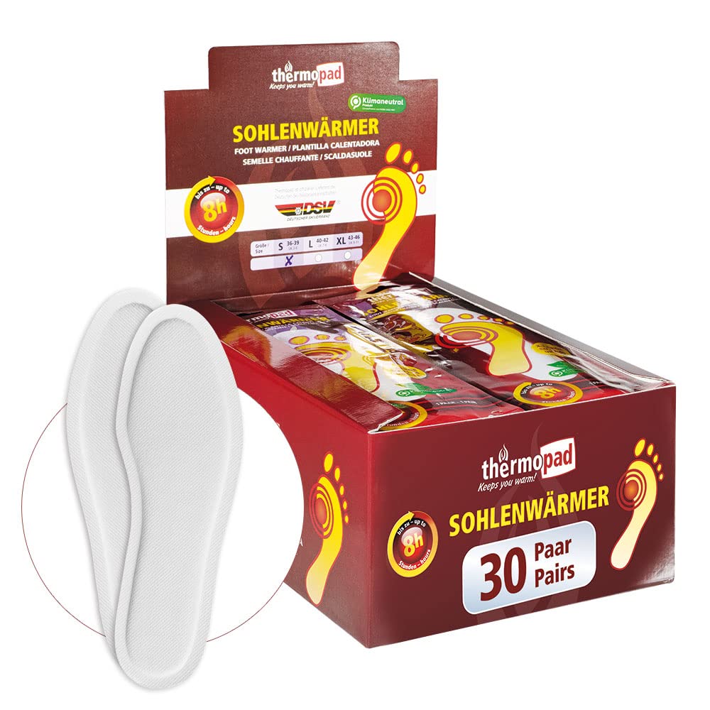 THERMOPAD Sohlenwärmer (Einlegesohle) – DAS ORIGINAL: 30 Paar Wärmepads für 8 Stunden Wärme I Sofort einsatzbereite Fußwärmer Pads