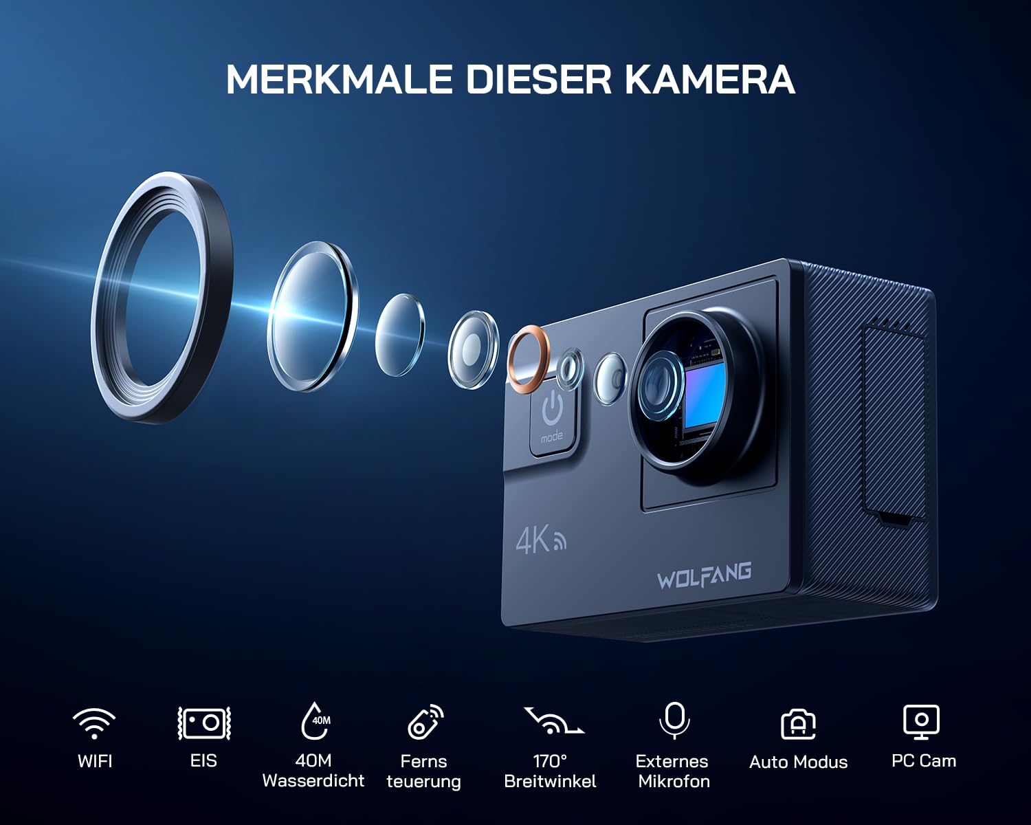 WOLFANG Action Cam,WiFi 4K 60 FPS Neue GA300 Actionkamera,8xZoom 24MP,Unterwasserkamera 40 Meter mi,Dual-Mikrofonen,170° Weitwinkel Verbesserter,EIS 2.4 G Fernbedienung,2 x 1350 mAh Akkus,Touchscreen