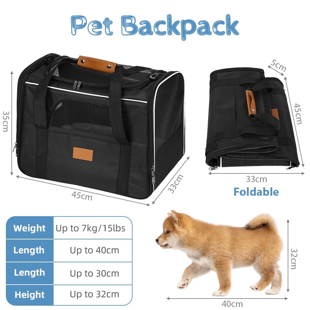 Katzentragetasche,Katzen Transportboxen Mit Verstellbarem Schultergurt,Atmungsaktive Hundetasche Transportbox mit Faltbare Schale und Weiches Kissen,für große Katzen und Welpen bis 7kg,Schwarz