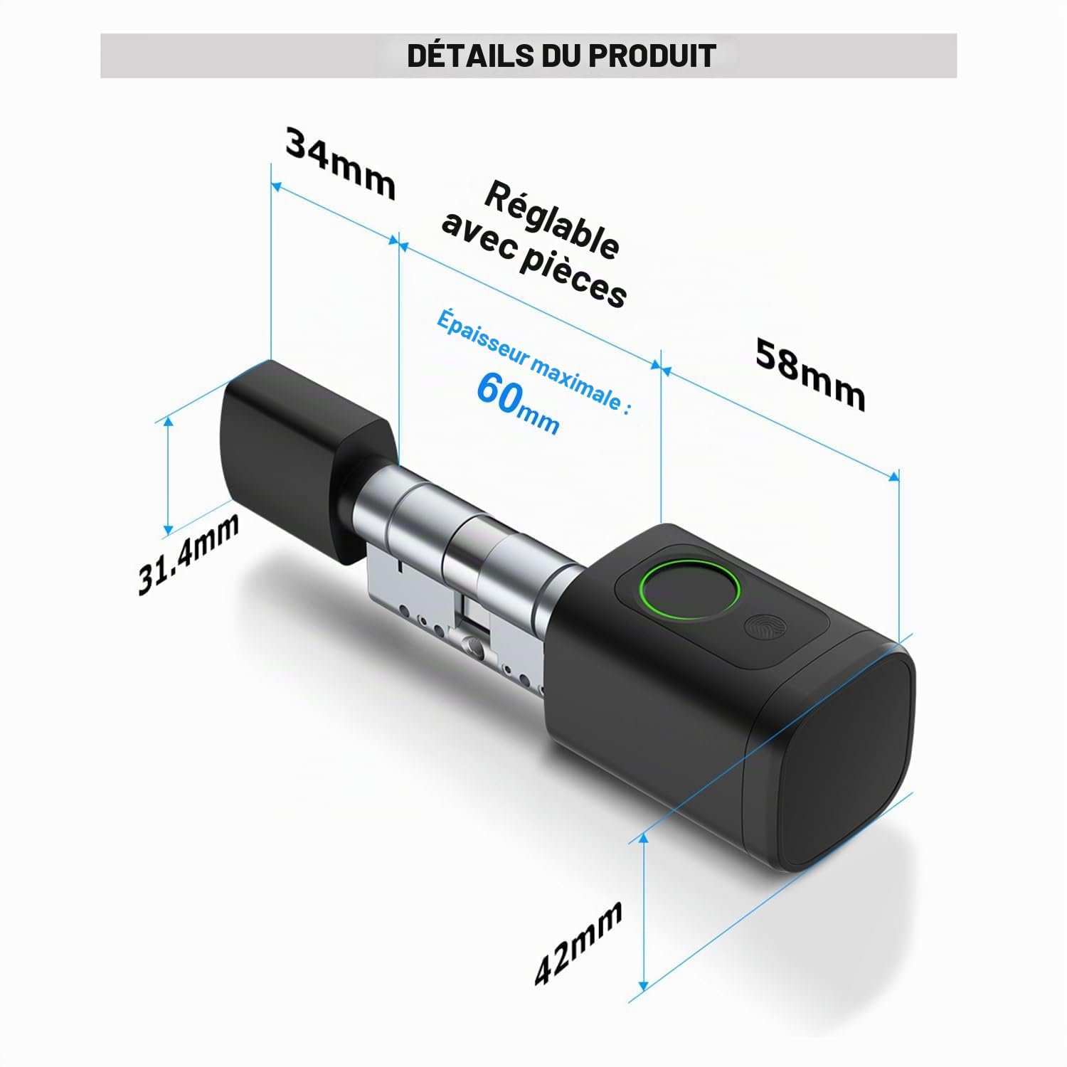Serrure Empreinte Digitale Connectée,Cylindre Biotechnologique,Ip65,Avec Deux Cartes,Deux Jeux De Clés,Avec Bluetooth,Convient Aux Portes De 35 à 60 Mm(Noir)
