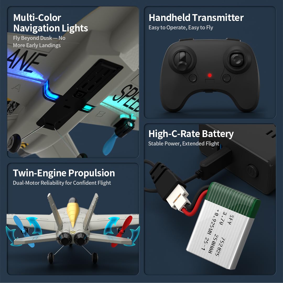 NULA Aereo radiocomandato per parco giardino, 2 canali, aereo hobby radiocomandato con girostabilizzazione a 6 assi, motori Dual Coreless, luce LED per adulti (giallo/4 batterie)