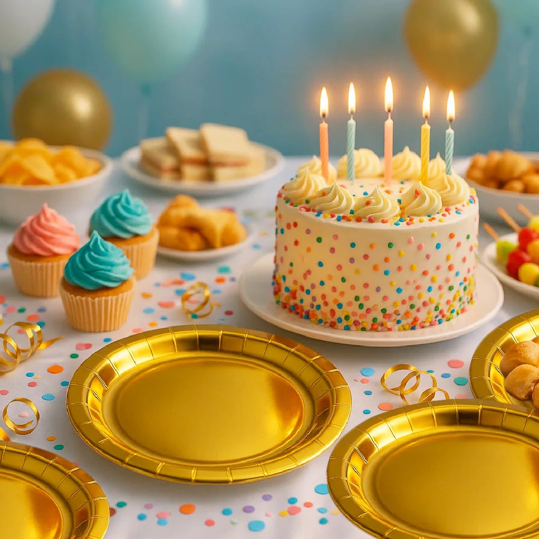 Wanna Party Gold Party Plates 9 Inch -10 Count, Paper Dinner Plates for Party Dessert Cake Wedding Engagement Birthday 1