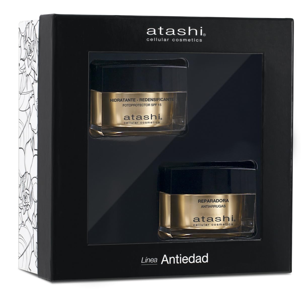 Atashi | Cofre Ritual Hidrata y Repara | Crema Hidratante Redensificante SPF15 + Crema Reparadora Antiarrugas | Con Gardenia, Perla Negra, Retinol y Spilanthol Activo | 50 ml + 50 ml