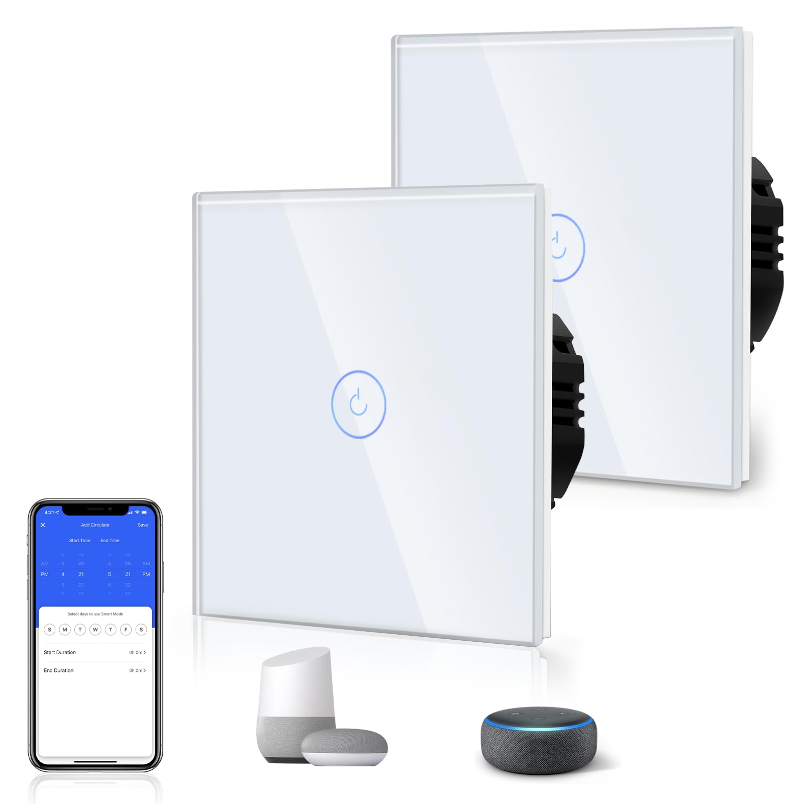 BSEED Interruptor de Luz Táctil Inteligente WIFI, Interruptor Táctil de Pared con Panel de Cristal Compatible con Alexa/Tuya/Smart Life (Requiere Cable Neutro) 1 Gang 2 Vía Blanco, 2 Paquetes