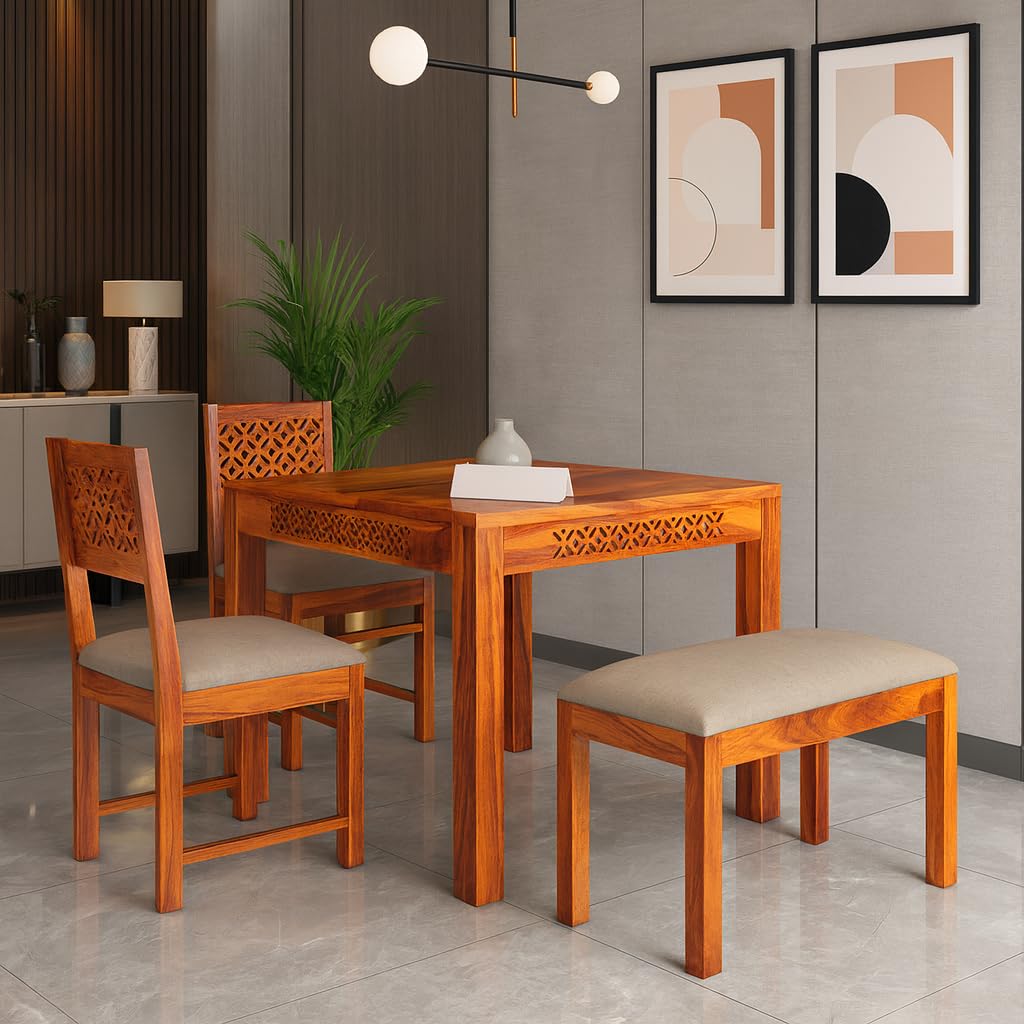 CRAFT D ARTS Wooden 4 Seater Dining Table Set | Dining Table 4 Seater | Four Seater Dinning Table with 2 Cream Cushioned Chairs & Bench | Dining Room Furniture for Restaurants | Sheesham Wood, Honey