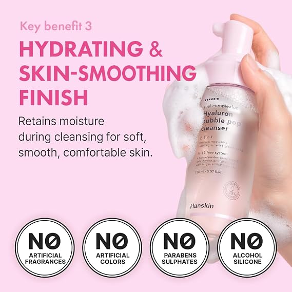 Hanskin Hyaluron Bubble Pop Cleanser Korean Hydrating Foaming Face Wash with Hyaluronic Acid for Gentle Deep Cleansing, Softening Glow, pH-Balanced Daily Cleanser for Glass Skin | 5.07 fl oz