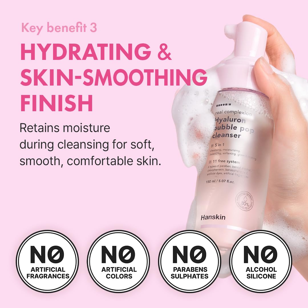 Hanskin Hyaluron Bubble Pop Cleanser z prawdziwą cerą, nawilżający, piankowy codzienny płyn do mycia twarzy, delikatne nawilżanie, zmiękczanie i rozjaśnienie, 150 ml