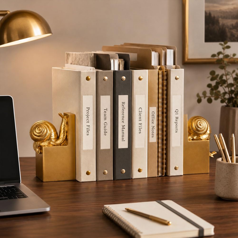 Set di 2 fermalibri decorativi a forma di lumaca dorata, fermalibri decorativi in resina pesante per mensole, supporti per libri antiscivolo, per libreria, scrivania, ufficio, biblioteca