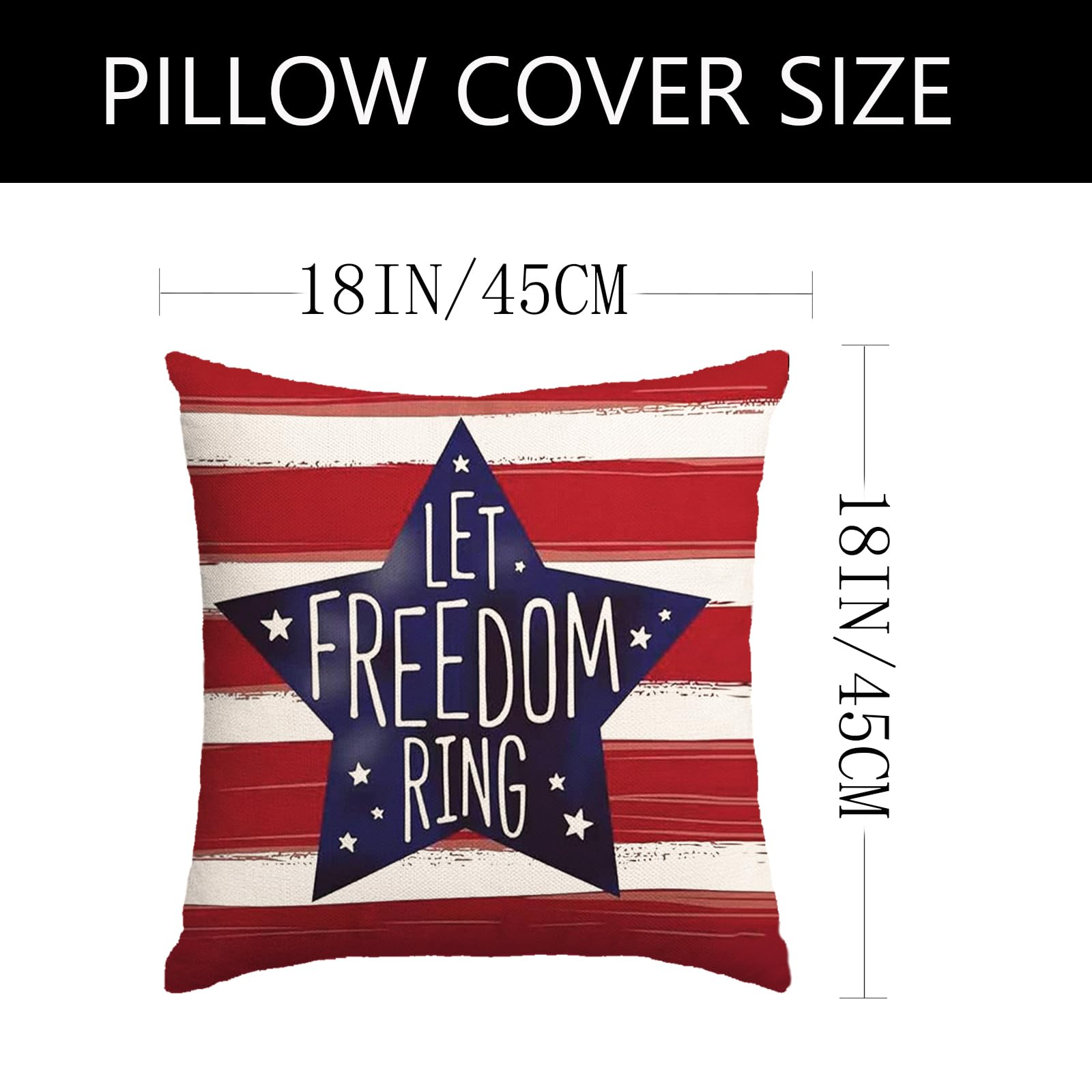 4th of July Pillow Covers 18x18 Inch,Set of 4 Patriotic Red White Blue Summer Outdoor Throw Pillow Covers,Independence Memorial Day USA Flag Linen Fourth of July Cushion Case for Sofa Couch Decor 1