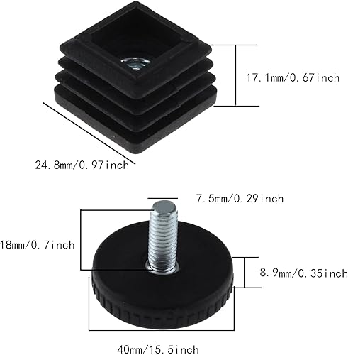 Miniatura 4 de SQXBK Tapones de tuerca de tubo cuadrado de plástico ajustables, 25 x 25 pulgadas, pies de nivelación de altura negros, insertos cuadrados, medidor
