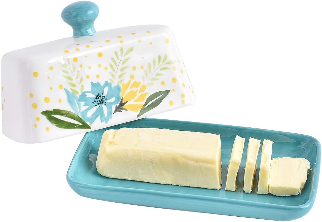 Ceramic Butter Dish, Flower City Porcelain Butter Keeper with Handle Modern Kitchen Décor, Jade Green