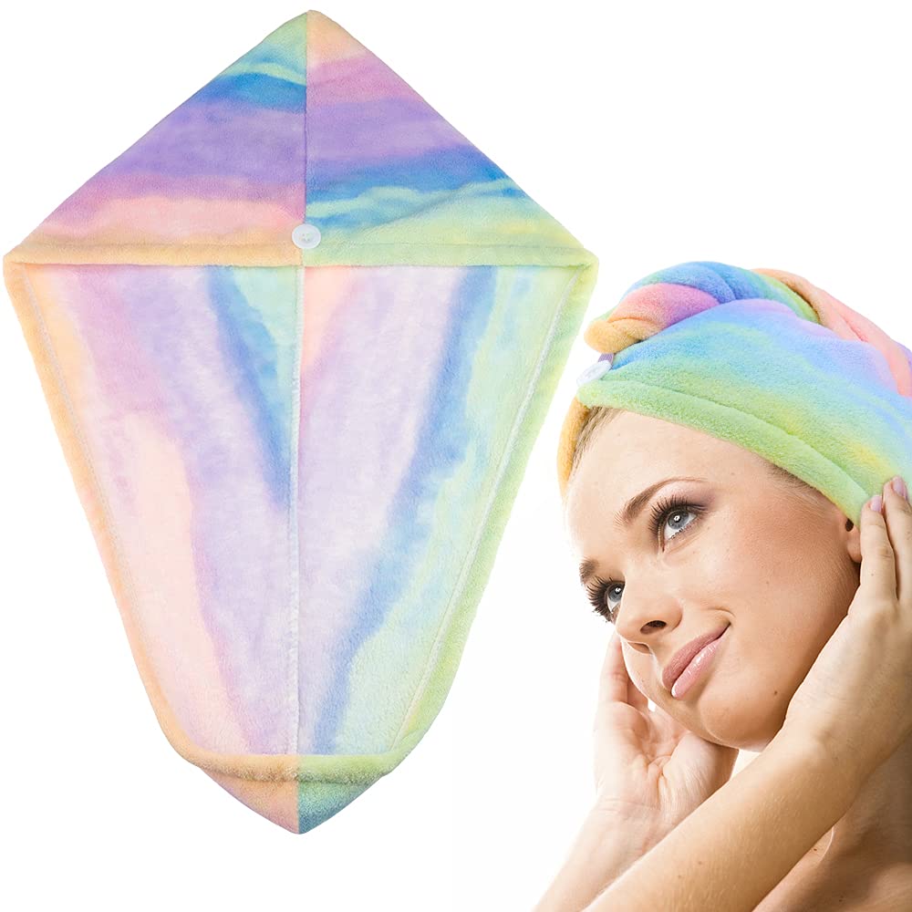 Hair Towel Wrap for Women Girls Hair Turbans for Wet Hair Dry Towel Cap Rainbow Tie Dye Microfiber Strong Water Absorbent Magic Quick Dry Hair Hat for Long Thick Curly Wavy Hair