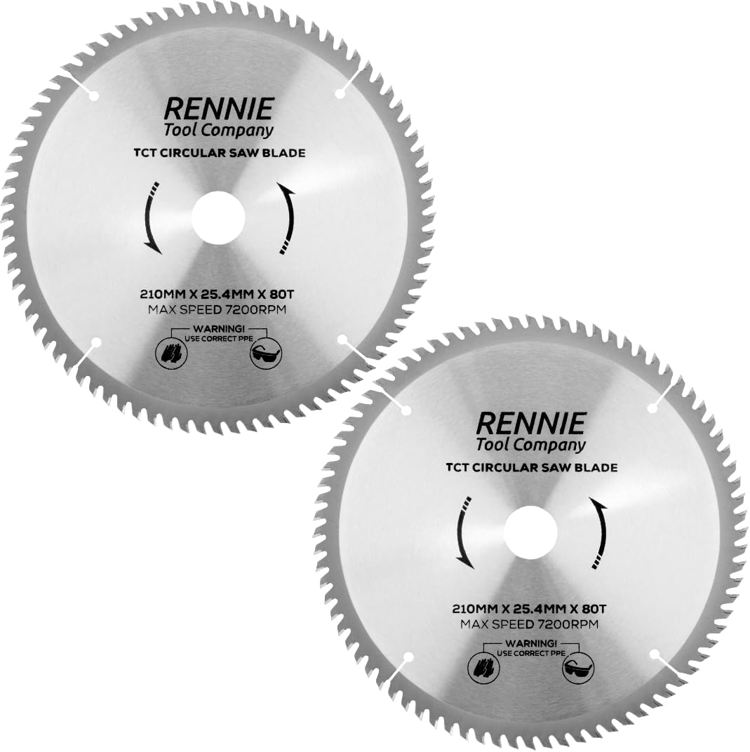 Rennie Tools 2 Pack - 210mm x 80T x 25.4mm Bore TCT Circular Wood Saw Blades Fits Evolution Saws & Evolution Rage Saws. 210mm Saw Blades 25.4mm Bore With 80 Teeth