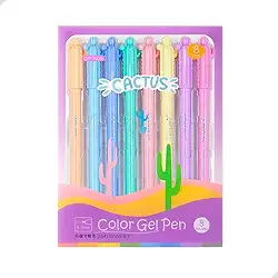 Kit com 8 Canetas Gel Ponta Fina 0.5mm | Escrita Suave e Precisa | Cores Vibrantes e Pastéis | Ideal para Estudos, Desenhos, Bullet e Escritório | Canetas Coloridas Formato Cactos (Tons Pastel)